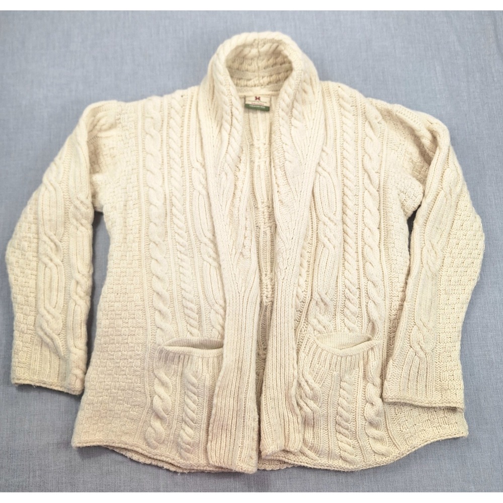 Carraig Donn Womens L Cream Merino Wool Aran Cable Knit Shawl Cardigan Ireland